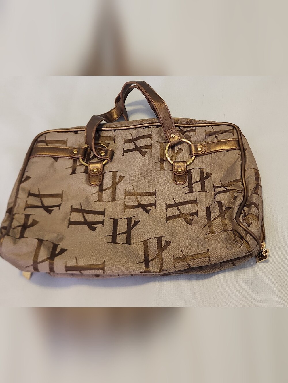 Large Monogram Print Travel Cosmetic Toiletry Bag Brown Bronze Zip Closure